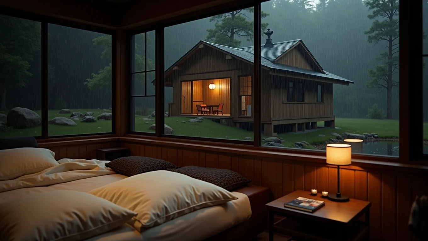bed located in the bedroom next to the window, photorealistic painting, inspired by Gregory Crewdson, at night during the rain, Japanese onsen, peaceful wooden house, high quality stock image