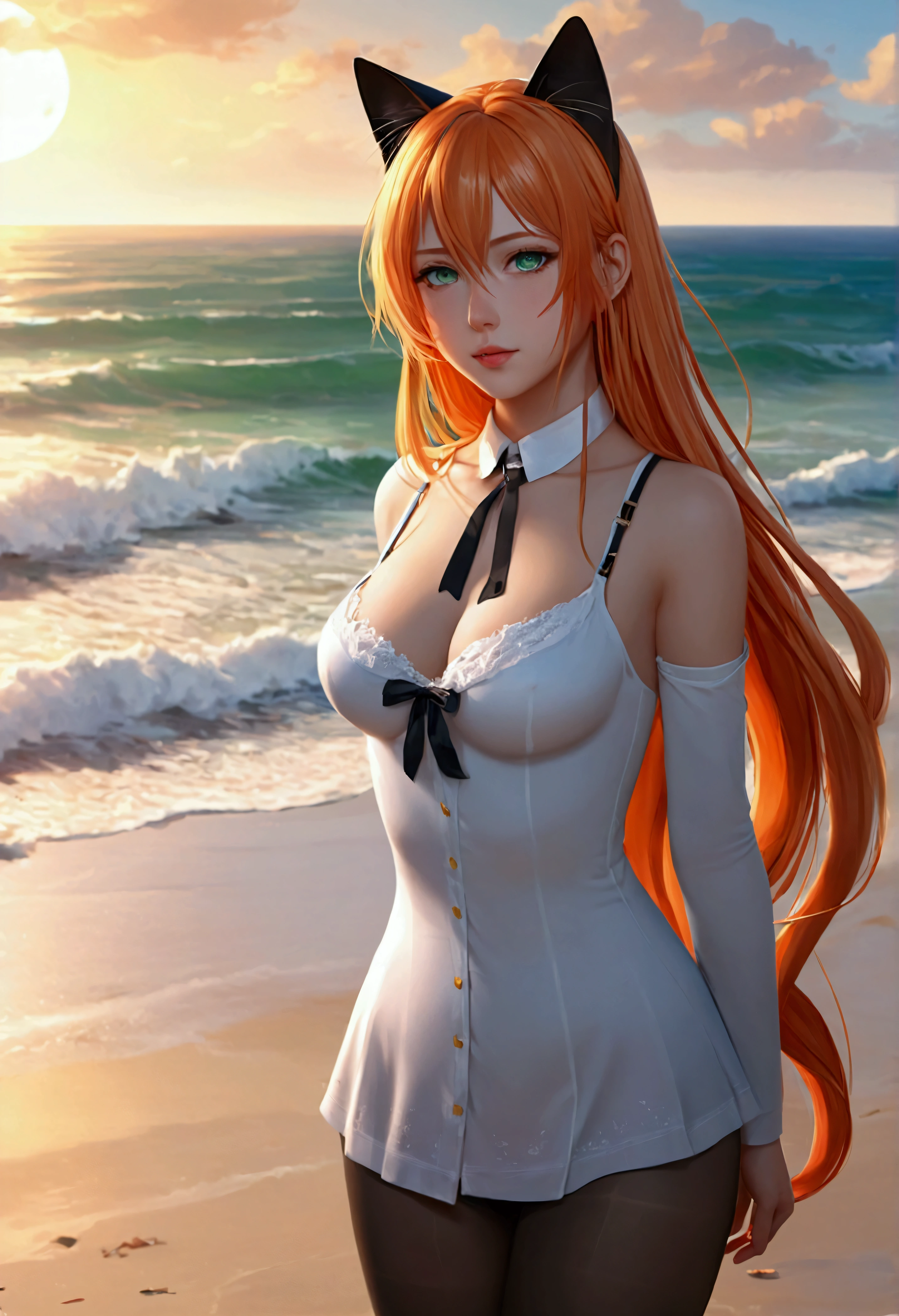anime girl with long orange hair standing on beach near ocean, green eyes detailed digital anime art, cat ears, , anime girl with long hair, smooth anime cg art, anime girl with long hair, average breast size, digital anime art, artwork in the style of guweiz, beautiful anime portrait, photorealistic anime girl render, beautiful anime girl, advanced digital anime art, pantyhose, guweiz on artstation pixiv upscale HD UHD HQ
