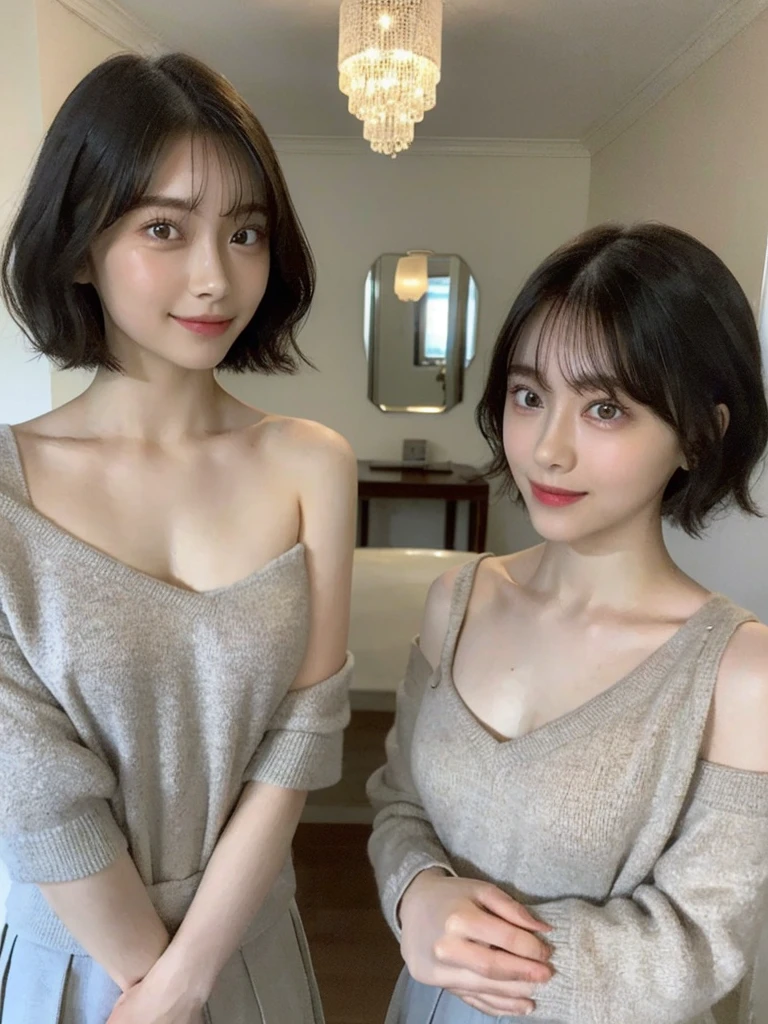 (masterpiece:1.3), (8k, Photoreal, Raw photo, best image quality: 1.4), Japanese high school girl、(random hairstyle:1.2)、cleavage:1.5、super detail face、eye for details、double eyelid、chest to chest、sharp focus:1.2、Beautiful woman:1.4、light brown hair、highest quality、masterpiece、超A high resolution、(Photoreal:1.4)、Highly detailed and professionally lit smiles、loose and light knitwear、shoulder out、thin、serious expression、short haired、deadly position
similar identical twins
All the girls have the exact same face, The two have the same face and figure, as if they were mirror images.
