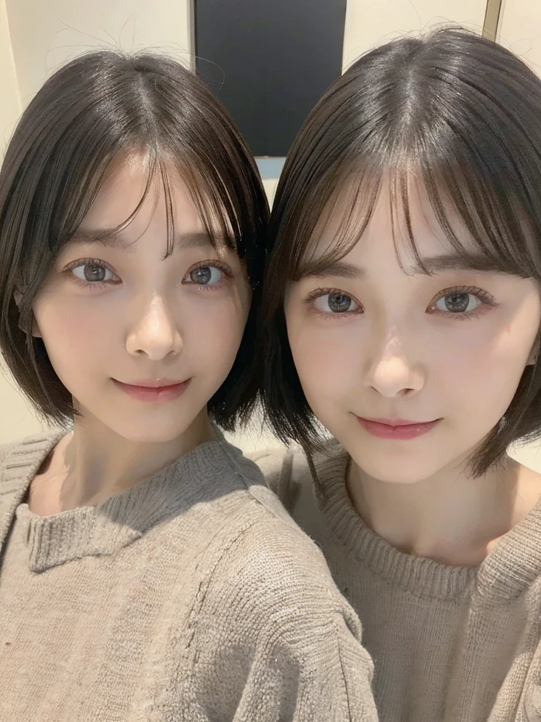 (masterpiece:1.3), (8k, Photoreal, Raw photo, best image quality: 1.4), Japanese high school girl、(random hairstyle:1.2)、cleavage:1.5、super detail face、eye for details、double eyelid、chest to chest、sharp focus:1.2、Beautiful woman:1.4、light brown hair、highest quality、masterpiece、超A high resolution、(Photoreal:1.4)、Highly detailed and professionally lit smiles、loose and light knitwear、shoulder out、thin、serious expression、short haired、deadly position
similar identical twins
All the girls have the exact same face, The two have the same face and figure, as if they were mirror images.