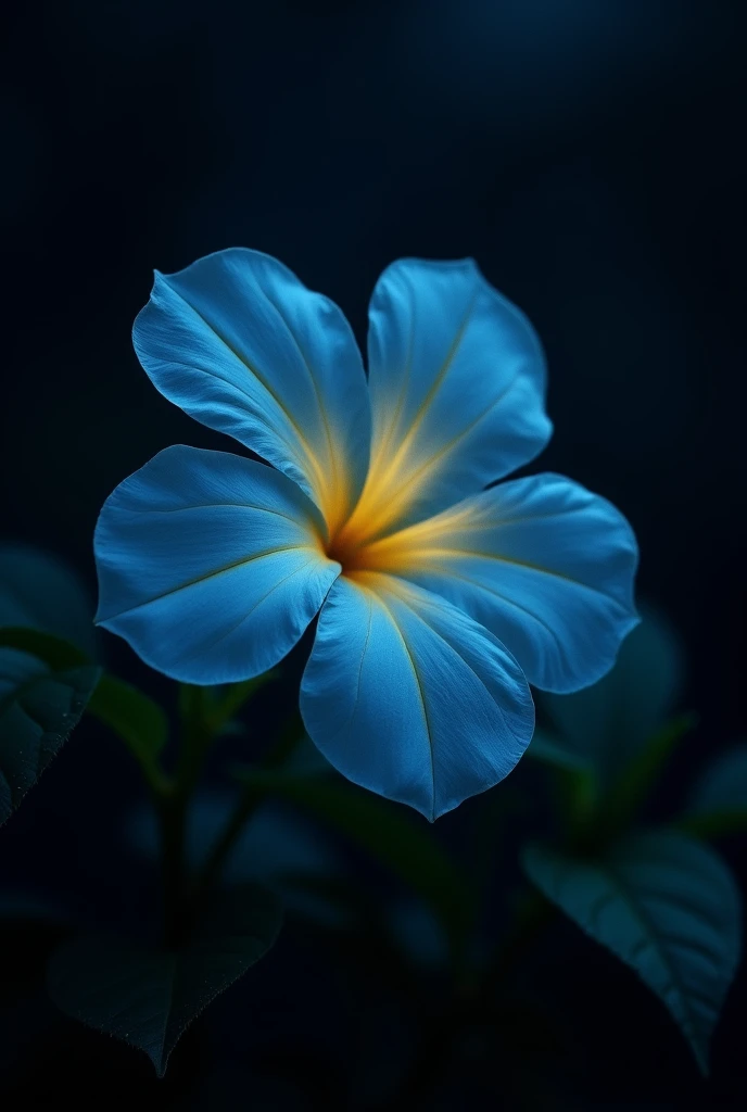 Realistic image. Firefly Petunia glowing in black background at the right bottom of the image.