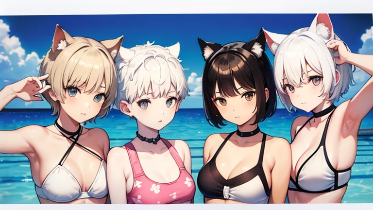 Printed Polaroid Photo\(3females and 3 girls ３Cute with people　３Wolf ears　　(((White short hair Brown short hair Black short hair)))　３Both people are small　３Both people have normal breasts　((Swimwear　Swimwear　Swimwear))　The background is the pool at night