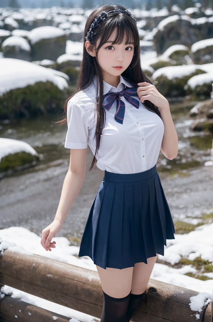 (photograph_\\(Moderate\\):1.2), One Girl, (photographrealsitic:1.2), Surreal, Photorealism, Close-up, barefoot, Black-haired, Beaver, Bans, Iris, steampunk, Sailor suit, school uniform , high school girl, cute, It gives me goosebumps, Ultra mini skirt, Dark blue pleated skirt, Heavy snow falls on the snowy mountain,background, Ephemeral, whole body, standing, skin with It gives me goosebumps, Super beautiful feet, Depth of written boundary, In 8K, Visual Effects, Hmph, Very slim girl, Short socks, Tri-fold socks, White socks, Very short sleeves, cute, Wounded, Short sleeves even in winter, Beautiful girl, Idol, 2000, Strap shoes, Loafer shoes、Big Tits