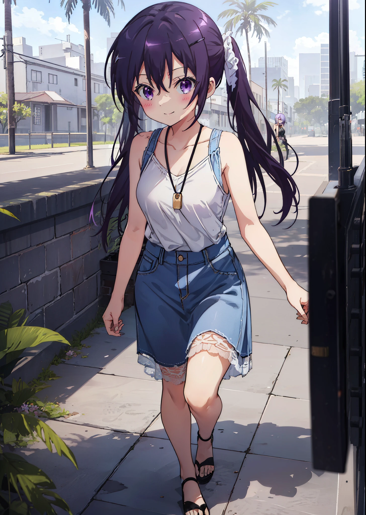 Rize tedeza, very cute and beautiful girl,(highly detailed beautiful face and eyes),Check it out, long hair, bangs, violet hair, (violet eyes:1.2),Blue Tank Top,White long skirt,Heeled Sandals,Daytime,Clear skies,Palm tree,Walking,smile,Close your mouth,blush,whole bodyがイラストに入るように,
break outdoors, tropical,Tropical,Coastal Road,
break looking at viewer, whole body,
break (masterpiece:1.2), Highest quality, High resolution, unity 8k wallpaper, (figure:0.8), (Beautiful attention to detail:1.6), Highly detailed face, Perfect lighting, Highly detailed CG, (Perfect hands, Perfect Anatomy),