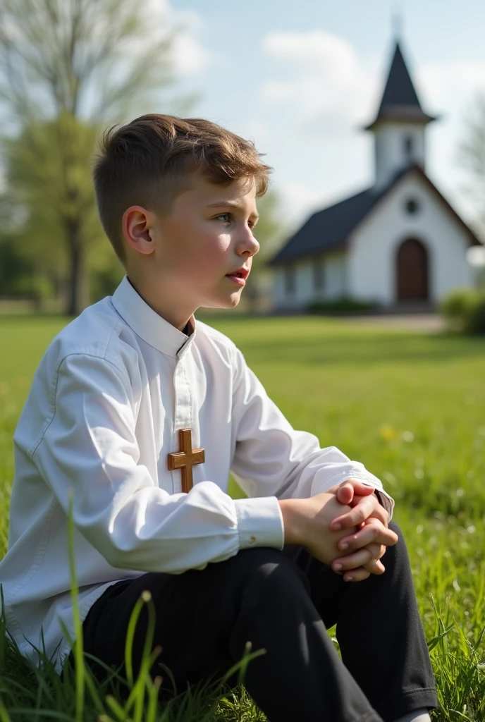 Young Catholic, with cross on chest, White shirt and black pants, sitting on the grass talking to God&#39;s boy, where you can breathe tranquility and spirituality, with a church in the dondo