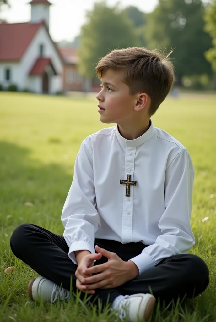 Young Catholic, with cross on chest, White shirt and black pants, sitting on the grass talking to God's boy, where you can breathe tranquility and spirituality, with a church in the dondo