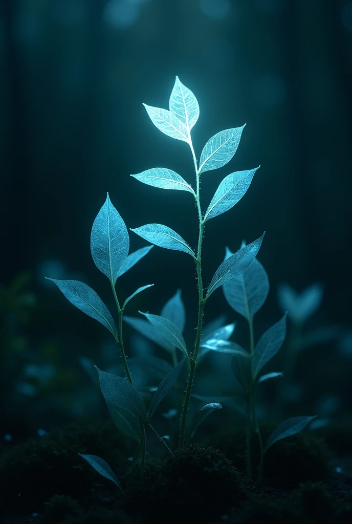  a delicate plant with bioluminescent leaves that glow softly in the dark