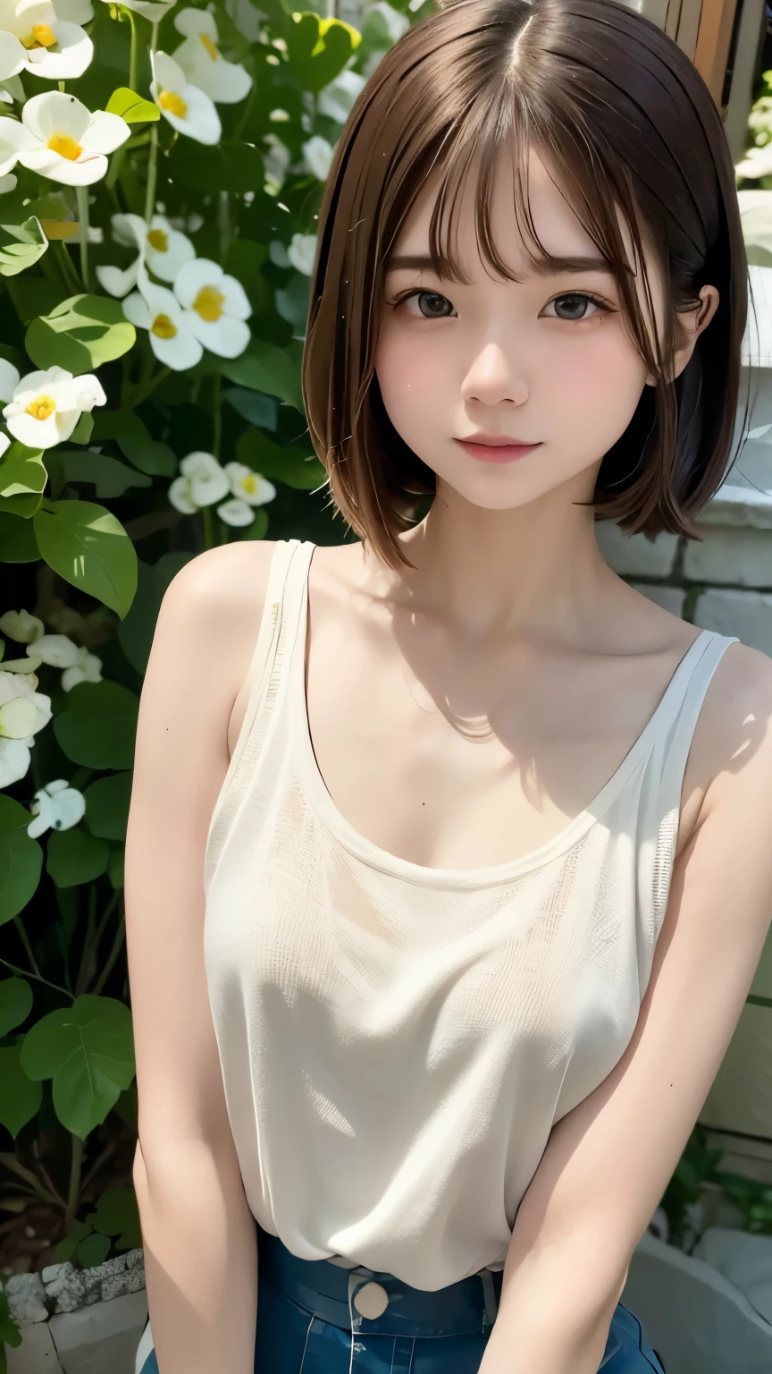 Highest quality、masterpiece、Tabletop、RAW Photos、Film Grain、High resolution、Very detailed、break、One Woman、、Cute Face、Brown Hair、Straight hair、Short Bob:1.37、White camisole、Light blueＴshirt、Small breasts、break、Outdoor、Summer Park、erupt