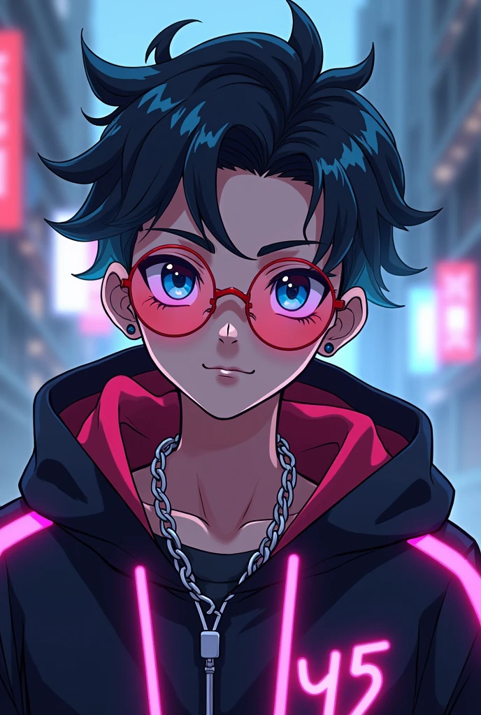 Generate an image of a stylish age anime boy looking directly at the viewer, reminiscent of a passport photo. He wears a hoodie with eye-catching neon accents, a chain necklace around his neck, trendy glasses, and impeccably styled hair, exuding urban confidence against a city backdrop