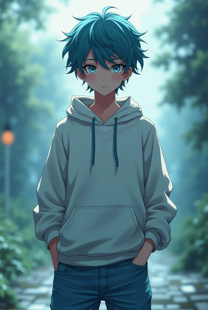 A teenage anime boy with Curly ocean clour hair,grey eyes and is tall, wearing blue jeans and a midbighthoodie