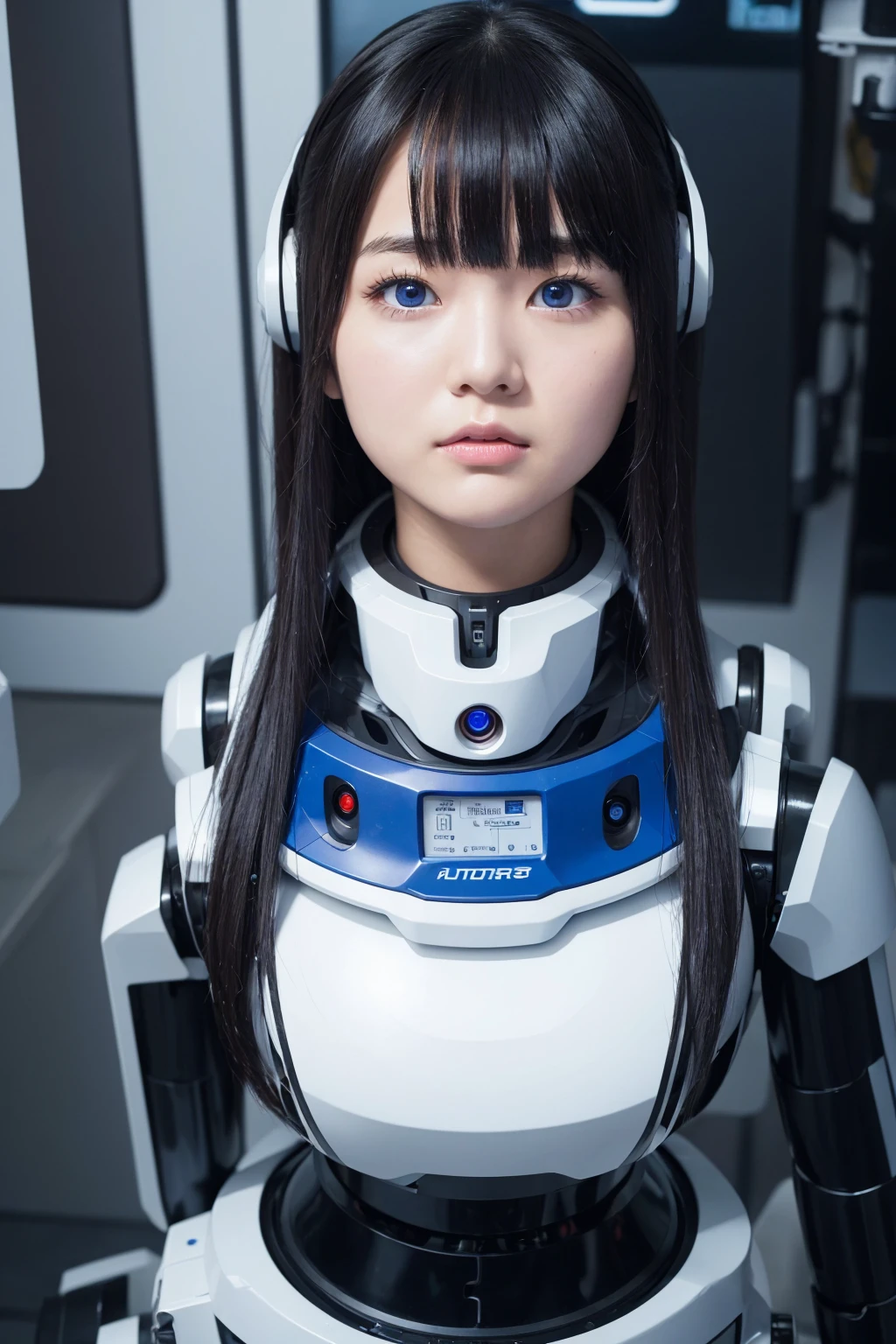 masterpiece, best quality, extremely detailed, Japaese android girl,portrait,Plump,a bit chubby,control panels,android,Droid,Mechanical Hand, Robot arms and legs, Black hair,Blunt bangs,perfect robot girl,long tube,thick cable connected her neck,android,robot,humanoid,cyborg,japanese cyborg girl ,robot-assembly plant,She is assembling now,assembly scene,blue eyes,chest monitor