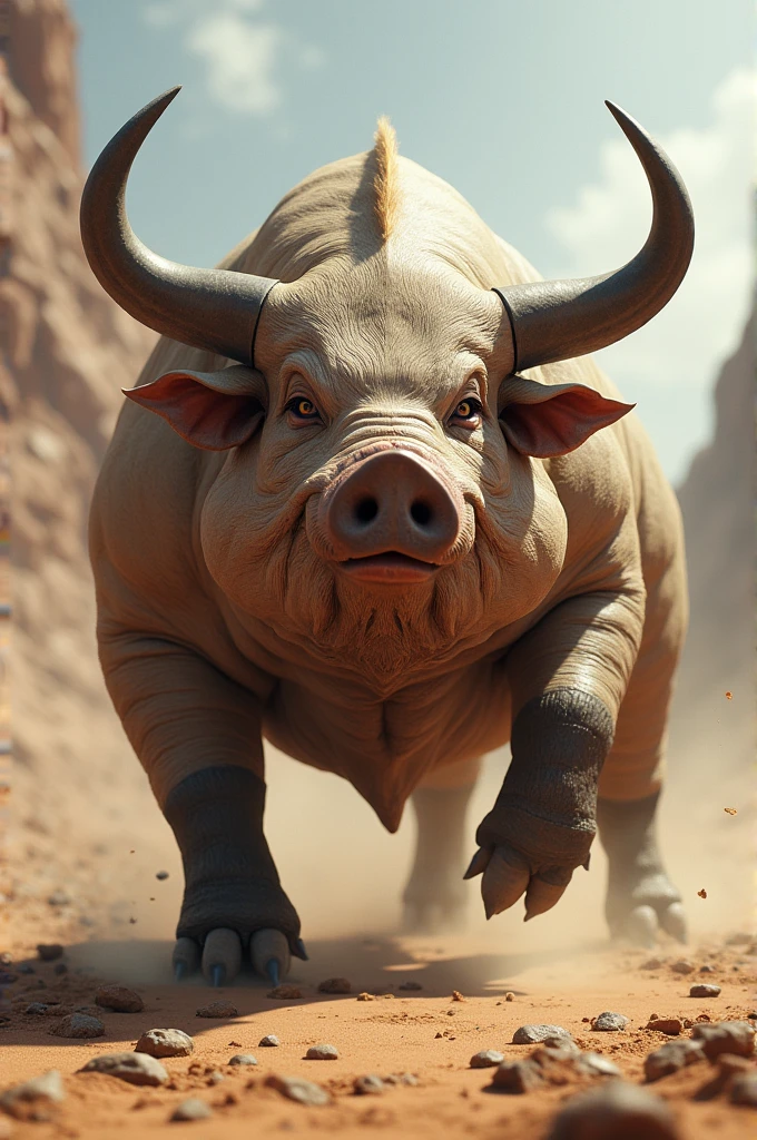 New animal which is blend of Pig and Bull looking dangerous, showing aggression and ready for fighting in desert!