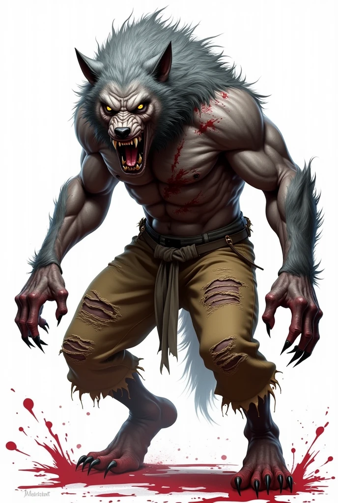 drawning, sharp colors, A werewolf, ripped airline pilot pants , gray hairs, yellow eyes, long scar on chest, ferocious, blood stains on hands, white background, fully body