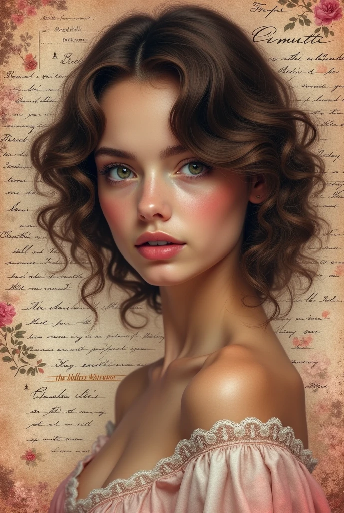 A book cover that has pink and a girl with brown curly hair, dark skin and green eyes. Have old letters in the background