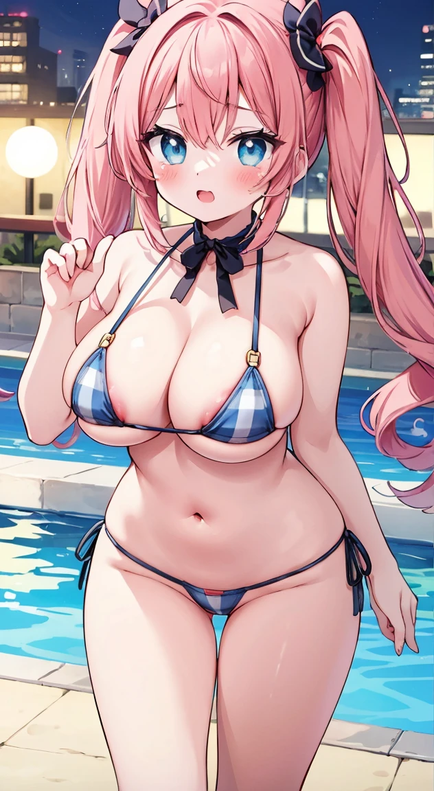 side tie microbikini bottom,,masterpiece, highest quality, (anime screencap:1.3),(shape), cute,(simple:1), (anime:1.2),Solo Sharp Focus, 1 girl, cleavage,looking at the viewer, nighttime pools,Are standing,,(NSFW:1.2),Colorful microbikini,pastel colour microbikinimaid,beautiful hair,Horizontal stripes,heart shaped pupils,plaid pattern bikinitop, plaid pattern bikinibottom,Thong,(Holding a Tropicaljuice1.1),cute eyes,puffy eyes,seductive pose,Beaming face,large breasts,Twintail hair,heart shaped sunglasses on head,cheerful,perfectfingers,perfecthands,