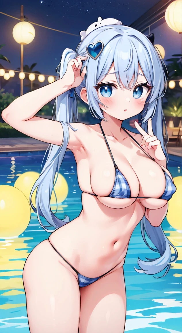 side tie microbikini bottom,,masterpiece, highest quality, (anime screencap:1.3),(shape), cute,(simple:1), (anime:1.2),Solo Sharp Focus, 1 girl, cleavage,looking at the viewer, nighttime pools,Are standing,,(NSFW:1.2),Colorful microbikini,pastel colour microbikinimaid,beautiful hair,Horizontal stripes,heart shaped pupils,plaid pattern bikinitop, plaid pattern bikinibottom,Thong,(Holding a Tropicaljuice1.1),cute eyes,puffy eyes,seductive pose,Beaming face,large breasts,Twintail hair,heart shaped sunglasses on head,cheerful,perfectfingers,perfecthands,