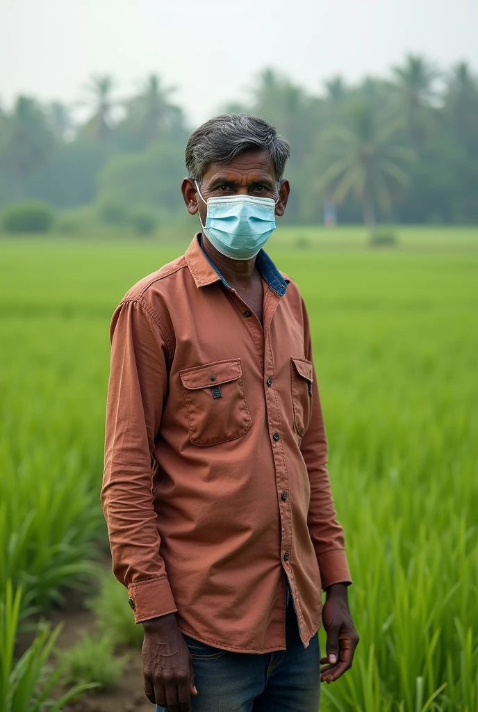 Indian farmers during covid 19 wearing mask with a farm behind them