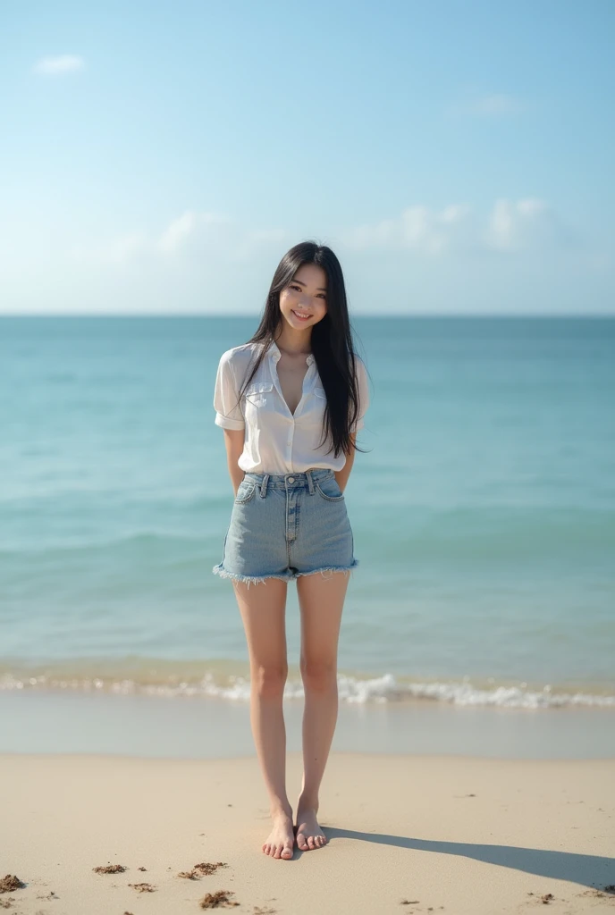 Standing on a deserted sea embankment、Long black hair、mini skirt、Cute Face、Smiling、Full body portrait