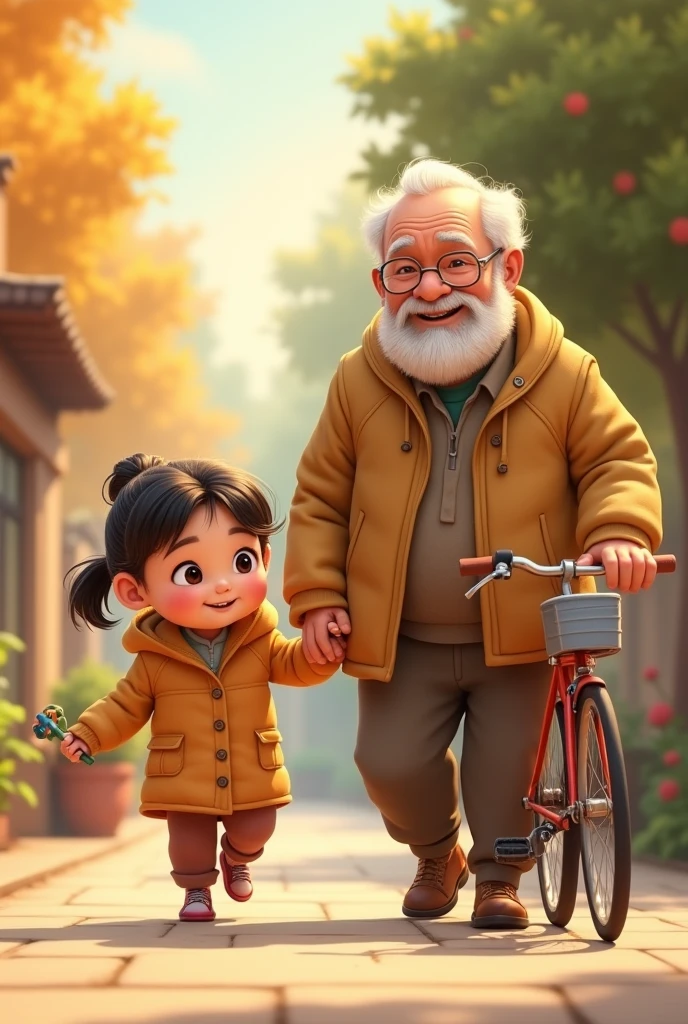 Anvi is cute baby she is 2 years old.she is readt yo walk outside.she is playing with toy with her grand father ji.she is go here and there.grand father practice bicycle