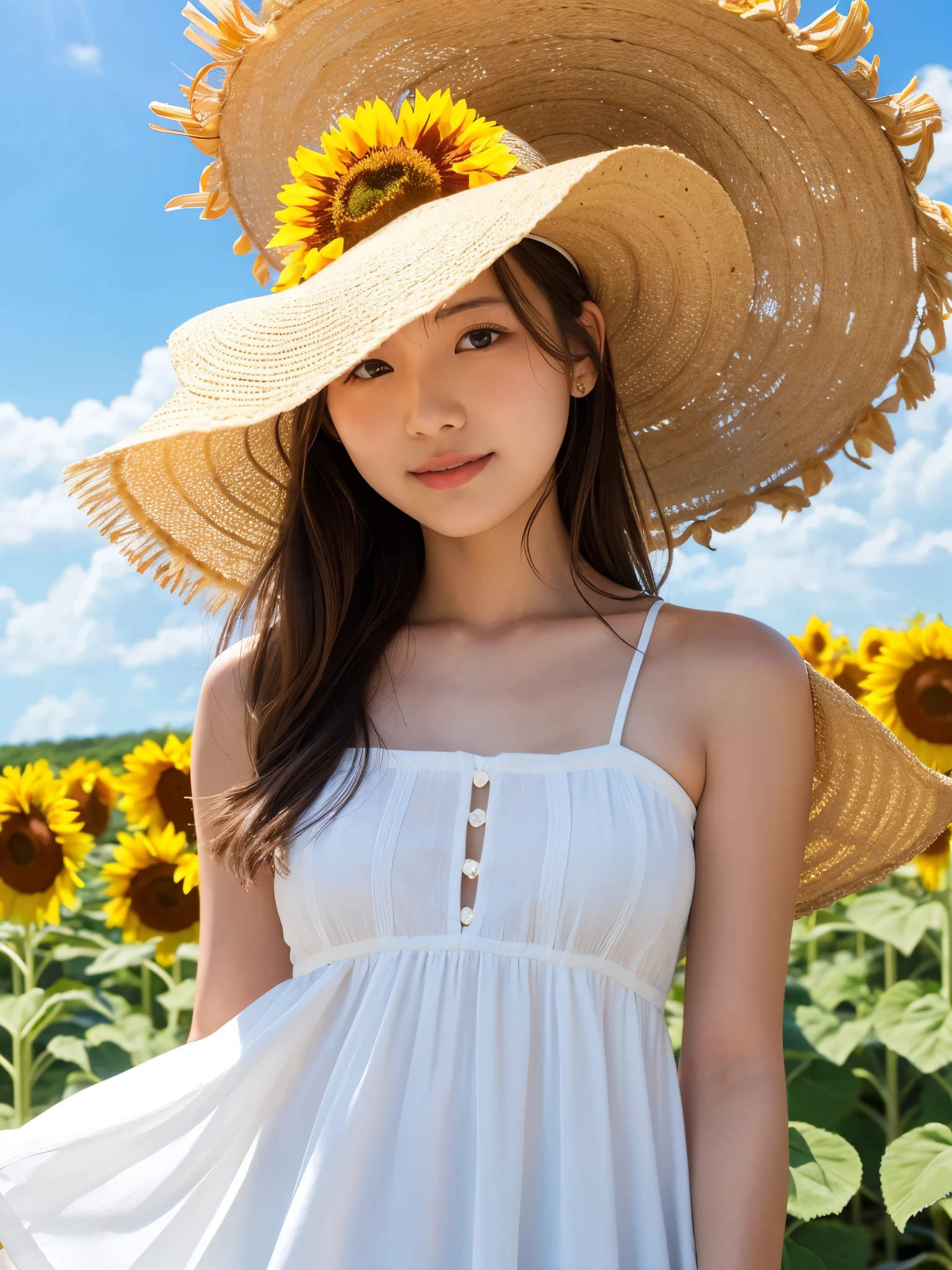 sunflower sunflower畑 White dress Straw hat youth summer Emotional blue sky