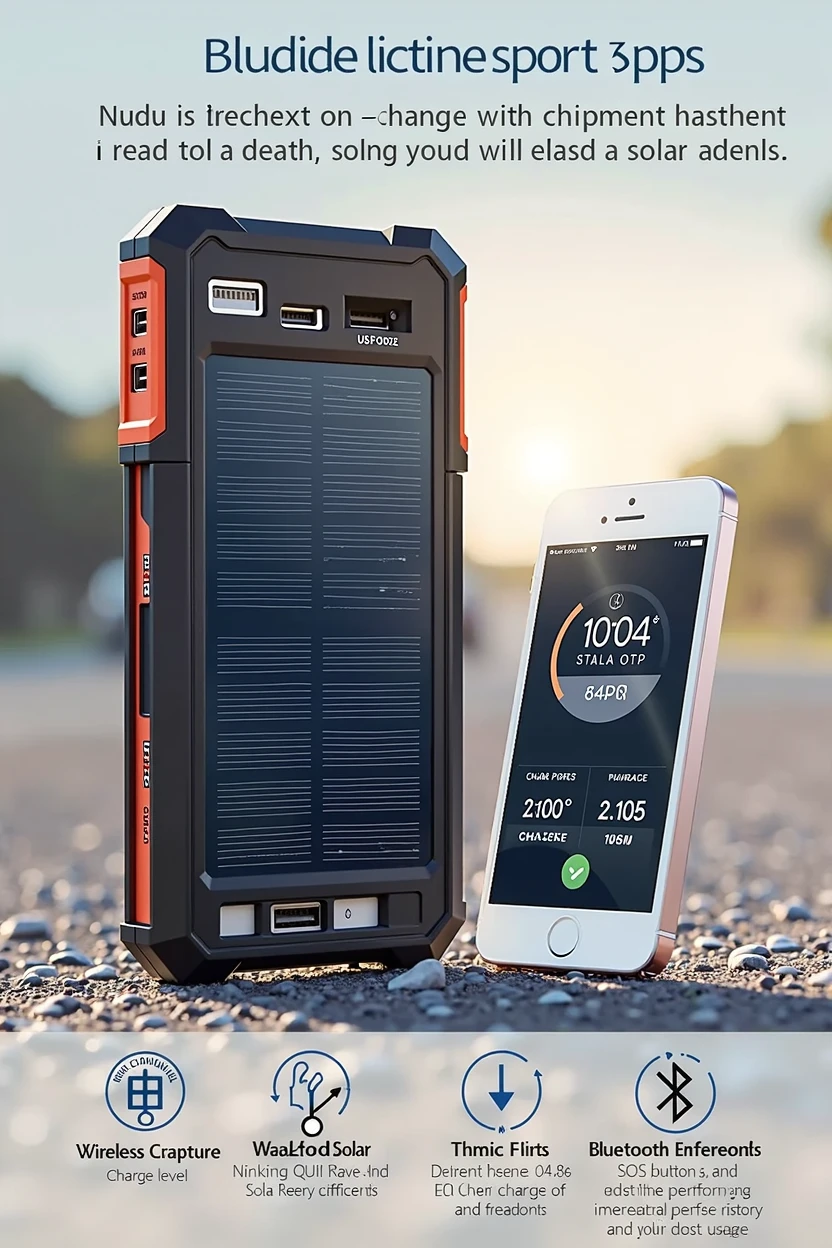 Introduce me to a Portable Charger, equipped with solar panels, Includes multiple USB ports and wireless charging options (Qi) for compatibility with multiple devices, LED display showing the internal battery charge level and solar capture efficiency.
Visual indicators showing charging status and potential issues with the solar connection, Includes a built-in LED flashlight that can be used in emergency situations or during nighttime activities.
SOS button to send distress signals in critical situations, It has Bluetooth connectivity to monitor and manage the charger via mobile app.
The application provides data on the performance of the charger, usage history and optimization tips.




