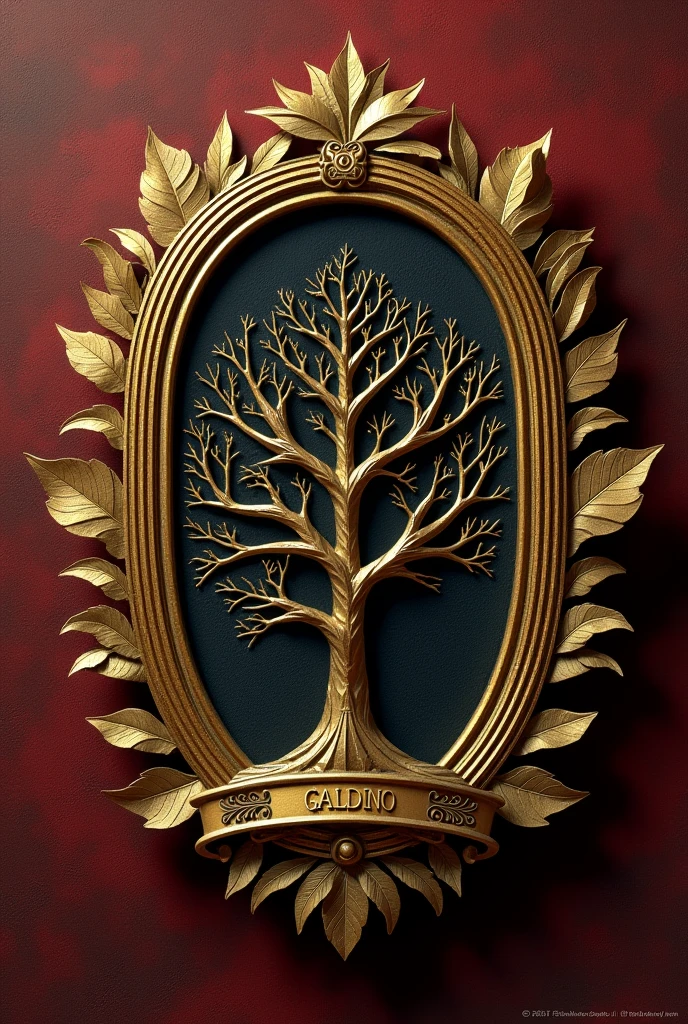 Coat of arms with an arch of golden leaves, and inside branches symbolizing a family tree. Written "GALDINO" and in the year 1892.