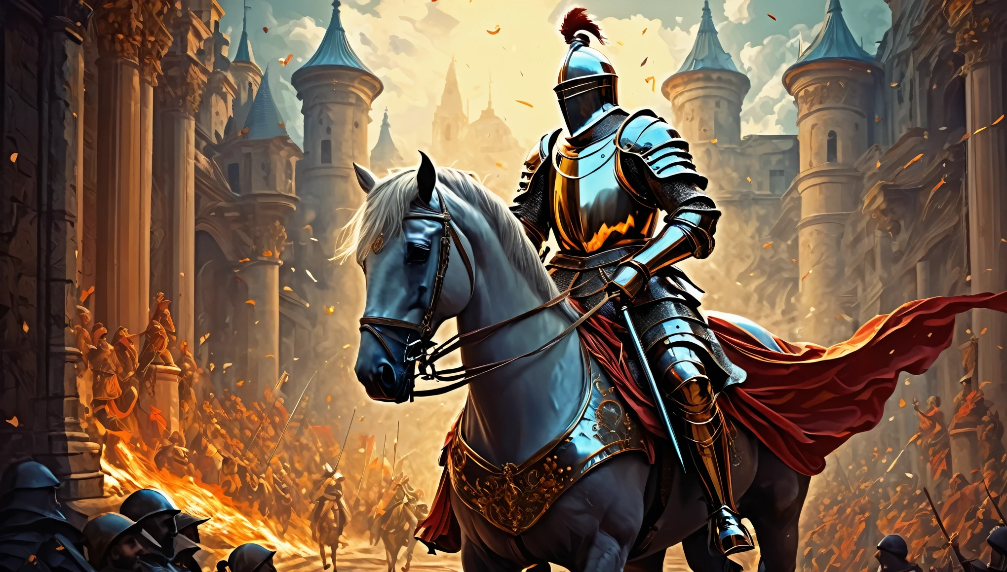 Medieval uprising scene with a heroic knight, blend of Baroque art style and modern digital painting, intricate and elaborate details, rich color palette, majestic and grandiose composition, highly stylized.