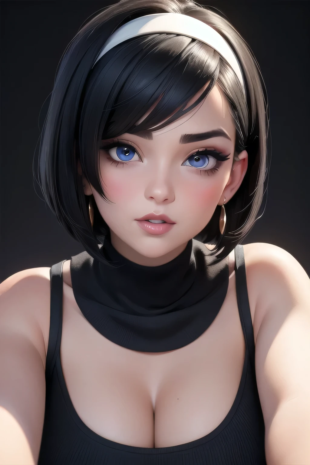 Amazing portrait of a sexy woman with a beautiful face emphasized by amazing makeup and beautifully detailed eyes with perfect lips wearing her short black hair in a bob with a white hairband blushing intensely as she's flustered and lustful wearing some elegant earrings and a black sleeveless sweater accentuating her medium chest paired with a cream skirt that accentuates her thick curvy body making her look hot with vibrant colors and soft lighting