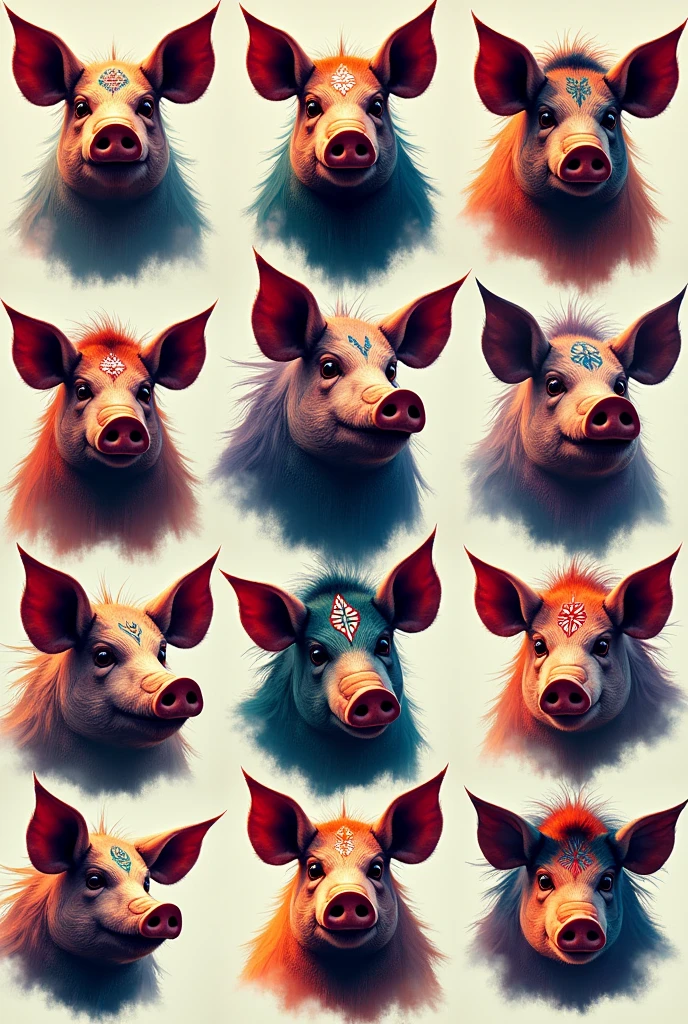 Ten separate images of a tribal pig's head in vivid colors