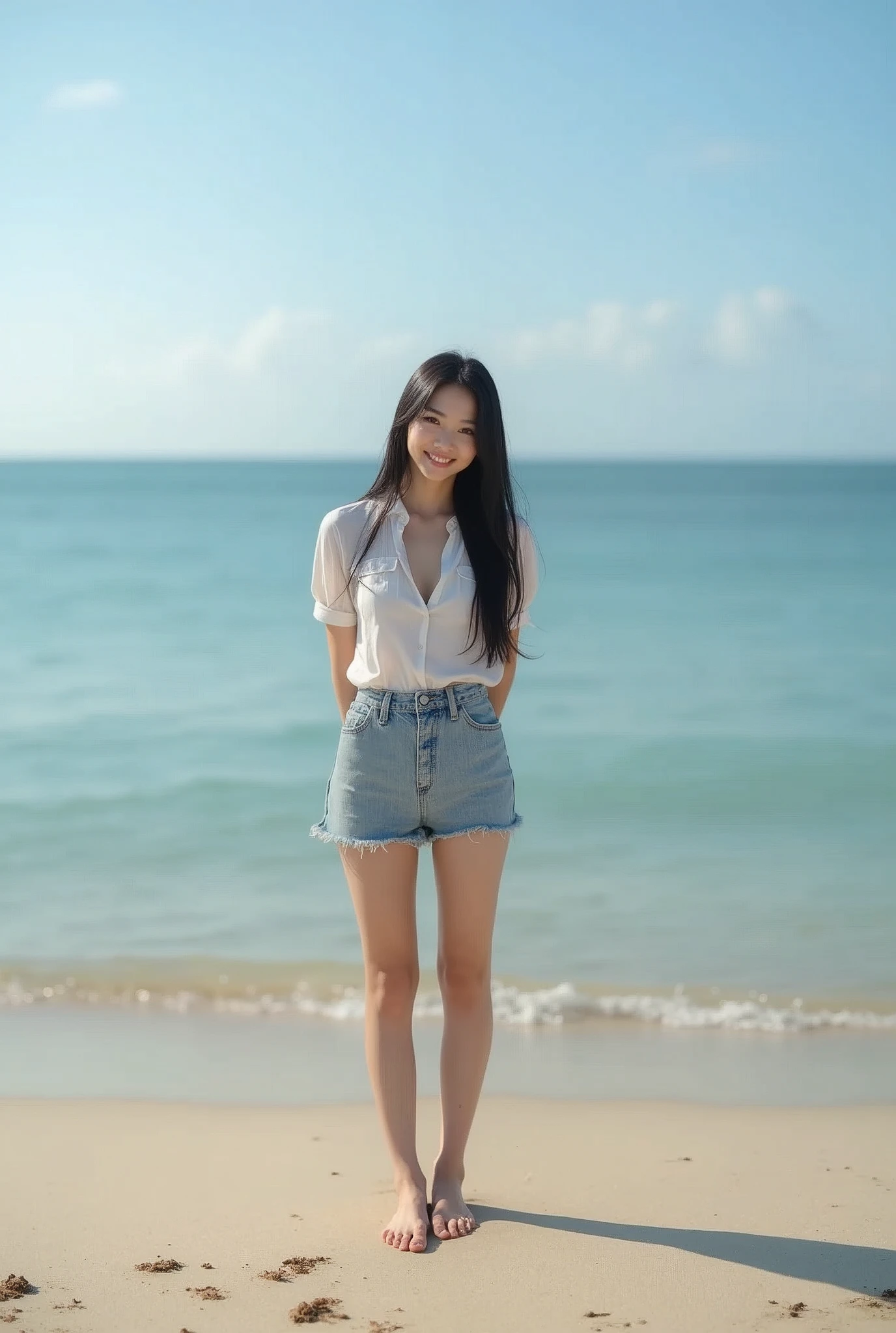 Standing on a deserted sea embankment、Long black hair、mini skirt、Cute Face、Smiling、Full body portrait