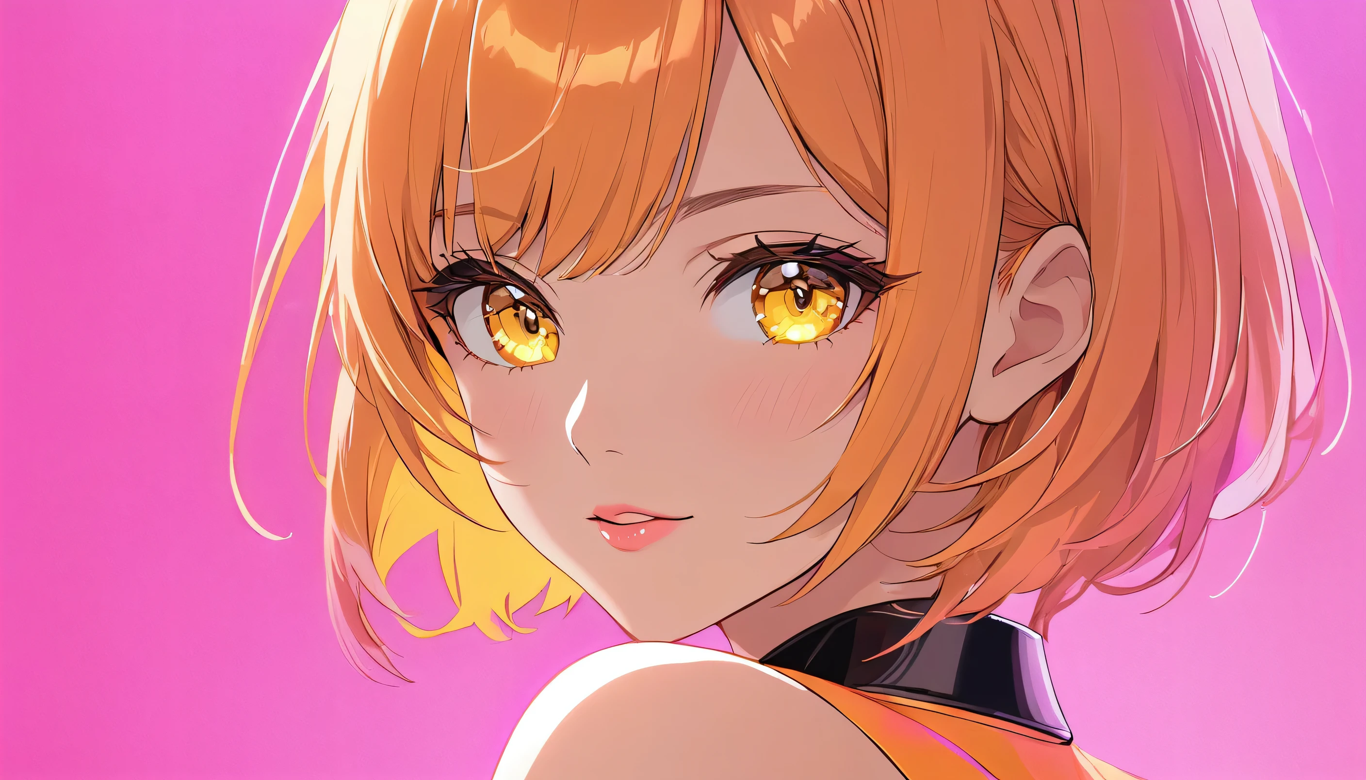 Beautiful adult woman、((Orange short hair))(Yellow Eyes)、(Cute honey in sexy pink outfit)、Face close-up、Neon Background、Beautiful woman looking back