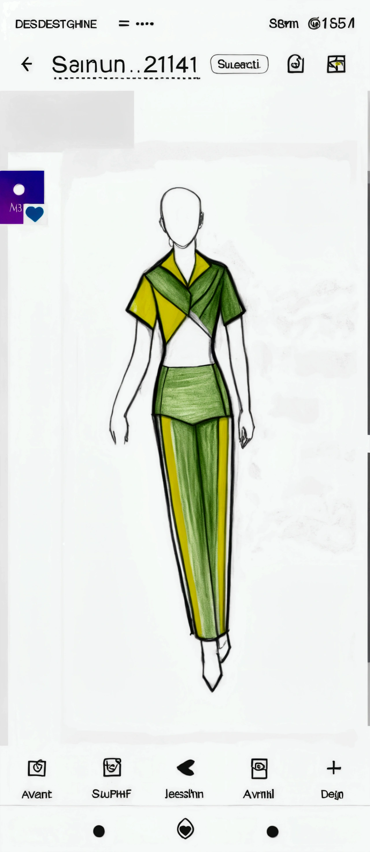 A drawing of a woman in a green and yellow dress., Custom design, clothing design, Yellow and green scheme, new costume design concept, Custom designn, clear clothing design, fashion design, Designer pencil sketch, avant-garde designer uniform, Custom designn made with love, inspired by Saurabh Jethani, full body concept, pencil style, Clothing design, clothing concept