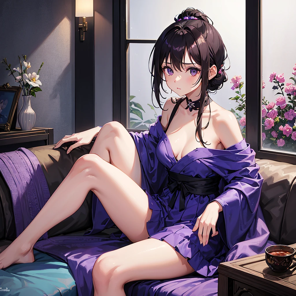 A girl with fair skin, she has dark brown hair tied up in a ponytail. She has a flower woven into her hair, at first it was purple, but after the founding of The Shining, it turned blue. He has expressive brown eyes
Naked with an open chest sitting on the couch