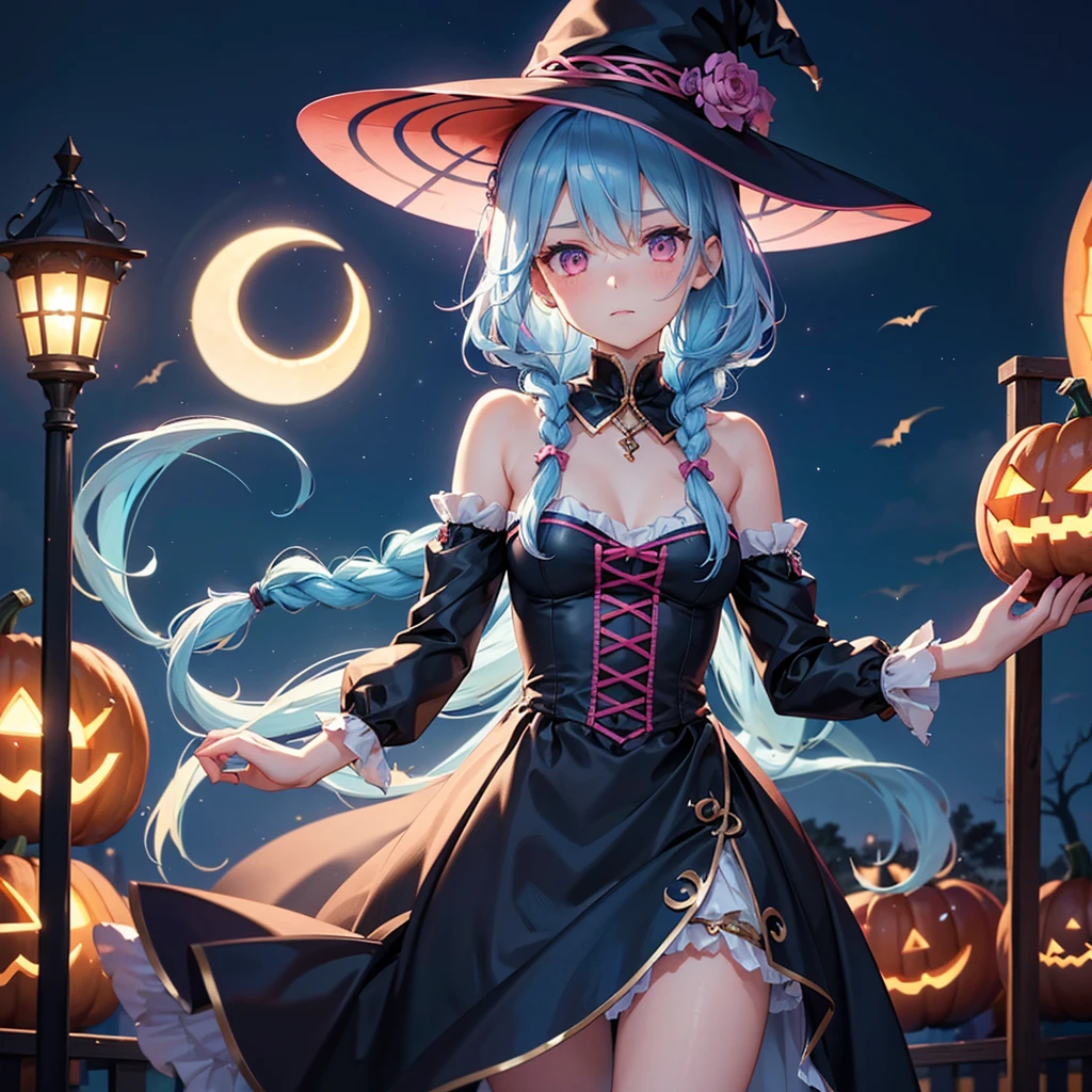 (Sky Blue Hair),(Braided medium hair:1.2), (Pink Eyes),Fair skin) ,(whole body),(One Girl),(Crescent Moon),(There are many pumpkin ghosts in the background),(If you don't give me sweets, I'll be mischievous.),Halloween Night Party),(masterpiece, Highest quality, Very detailed, Best Shadow), (Detailed Background), (Beautifully detailed face), High Contrast, (Best lighting, Very delicate and beautiful), ((Cinematic Light)), Hyper Detail,8k, Dramatic Light, Intricate details,Cute witch clothes,night,Bats flying in the background,