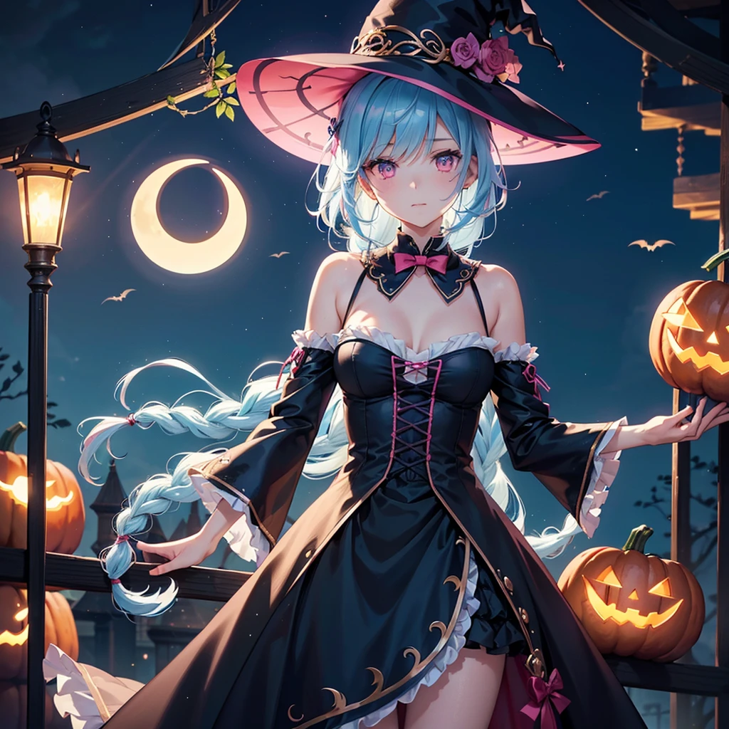 (Sky Blue Hair),(Braided medium hair:1.2), (Pink Eyes),Fair skin) ,(whole body),(One Girl),(Crescent Moon),(There are many pumpkin ghosts in the background),(If you don't give me sweets, I'll be mischievous.),Halloween Night Party),(masterpiece, Highest quality, Very detailed, Best Shadow), (Detailed Background), (Beautifully detailed face), High Contrast, (Best lighting, Very delicate and beautiful), ((Cinematic Light)), Hyper Detail,8k, Dramatic Light, Intricate details,Cute witch clothes,night,Bats flying in the background,