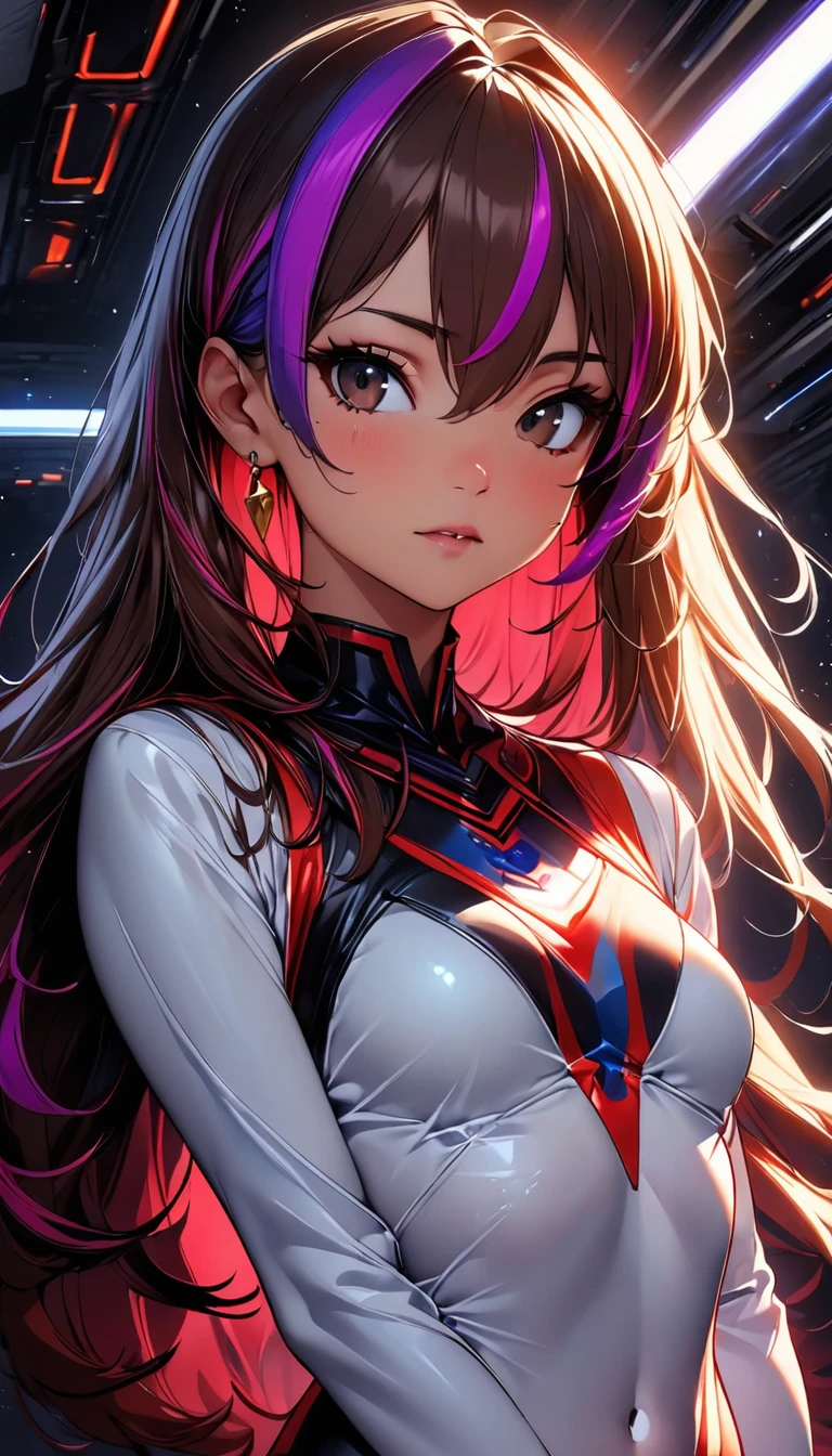 (highest quality:1.2, Very detailed, up to date, Vibrant, Ultra-high resolution, High Contrast, masterpiece:1.2, highest quality, Best aesthetics), Portraiture、girl、((25-years-old:1)), Soryu Asuka Langley, red costume:1, long sleeve, Beautiful fine details、Bright colors、Beautiful lip detail, long hair、black and purple ((streaked hair:1.6)), highlights hair: 1.5, brown eyes, gold earrings, ((slim body:1.6)), (small breast:0.5), (dark skin:0.5)), space base, (cowboy shot:1), looking viewer