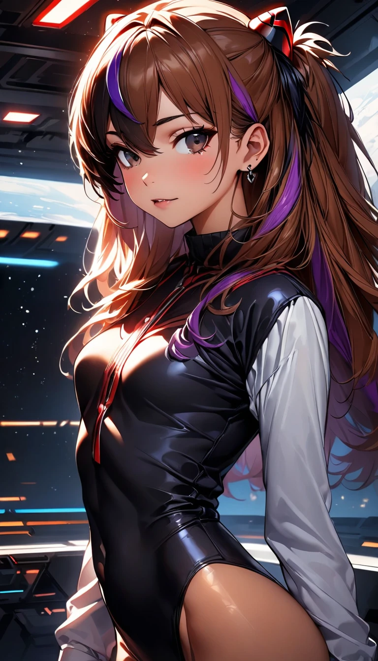 (highest quality:1.2, Very detailed, up to date, Vibrant, Ultra-high resolution, High Contrast, masterpiece:1.2, highest quality, Best aesthetics), Portraiture、girl、((25-years-old:1)), Soryu Asuka Langley, red costume:1, long sleeve, Beautiful fine details、Bright colors、Beautiful lip detail, long hair、black and purple ((streaked hair:1.6)), highlights hair: 1.5, brown eyes, gold earrings, ((slim body:1.6)), (small breast:0.5), (dark skin:0.5)), space base, (cowboy shot:1), looking viewer