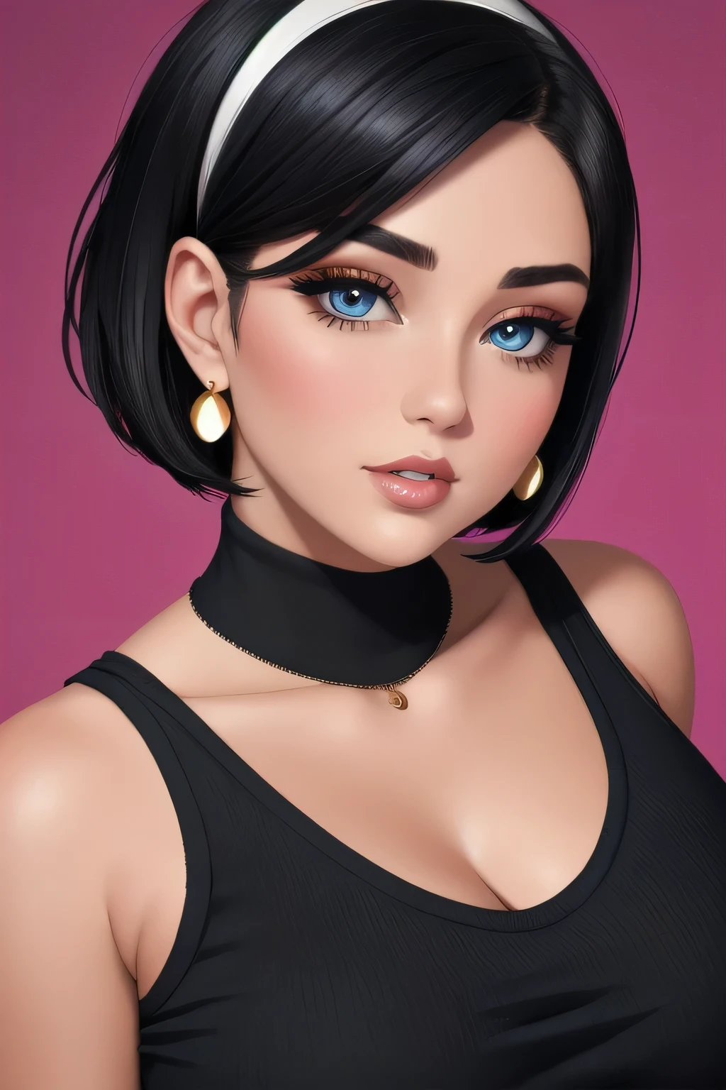  Amazing portrait of a sexy woman with a beautiful face emphasized by amazing makeup and beautifully detailed eyes with perfect lips wearing her short black hair in a bob with a white hairband blushing intensely as she's flustered and lustful wearing some elegant earrings and a black sleeveless sweater accentuating her medium chest paired with a cream skirt that accentuates her thick curvy body making her look hot with vibrant colors and soft lighting