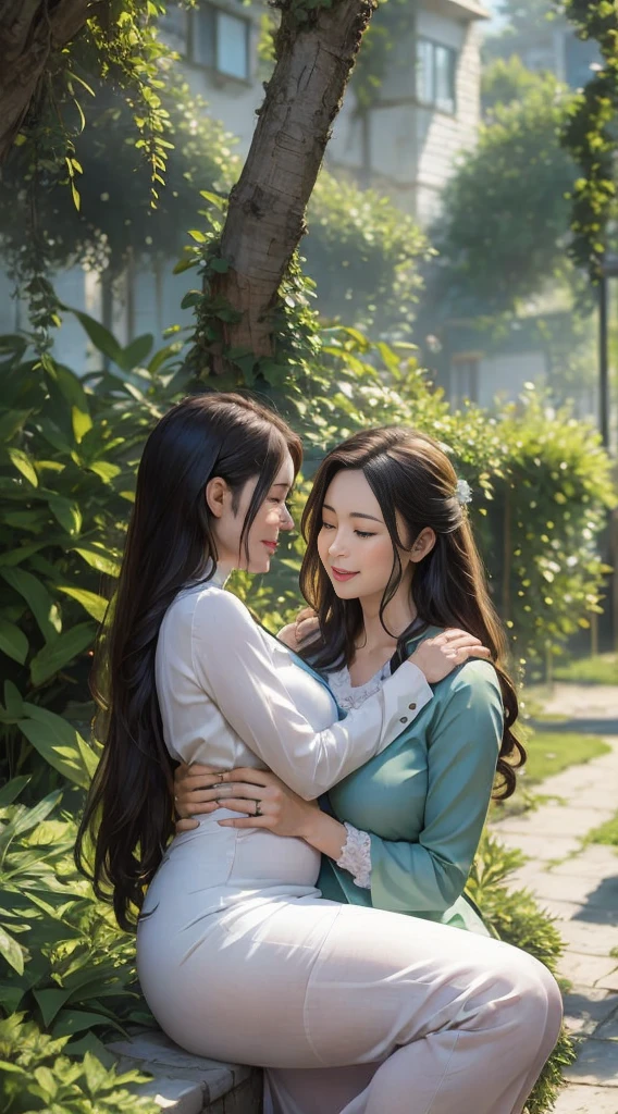 A tender moment captured in a vibrant garden, with a mother embracing her newborn baby boy. The scene is filled with love and warmth. [child:1.2], [mom wearing ao dai vietnam:1.1], ((baby boy)), outdoor, garden, [sunshine:1.1].