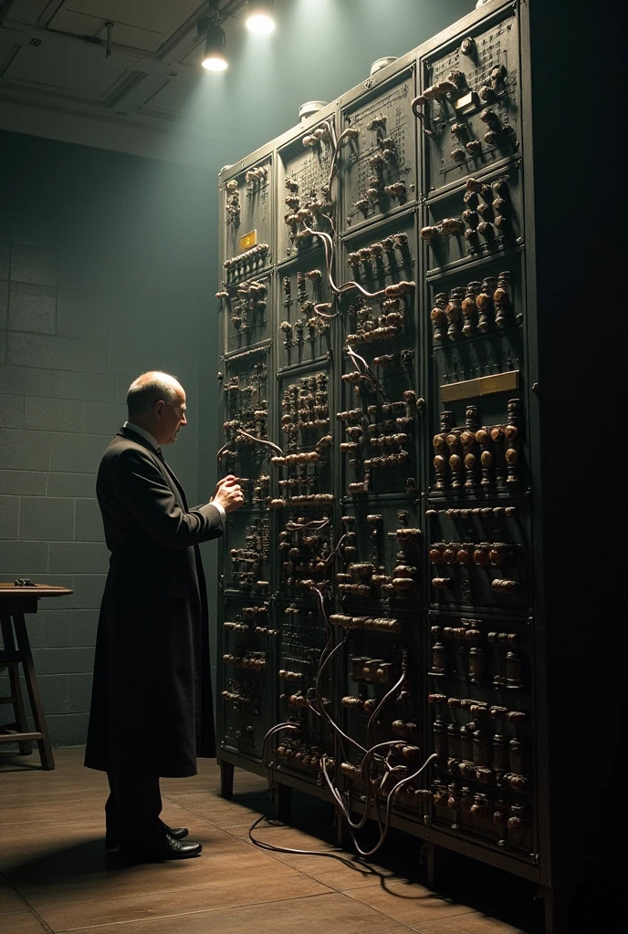 Zuse Z3 (1941): Visualize a large, electromechanical computer with rows of relays and wires, placed in a dimly lit room. Include Konrad Zuse working nearby, adjusting the machine.