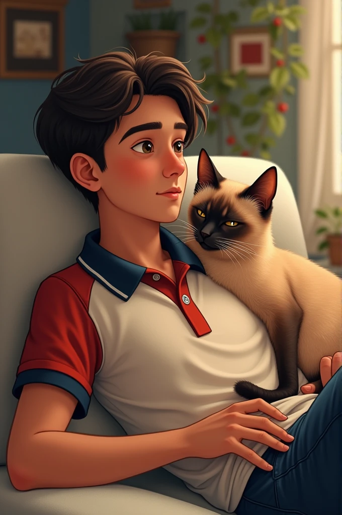 Generate a young man with his Club Universitario sports polo shirt and a Siamese cat lying on top of him