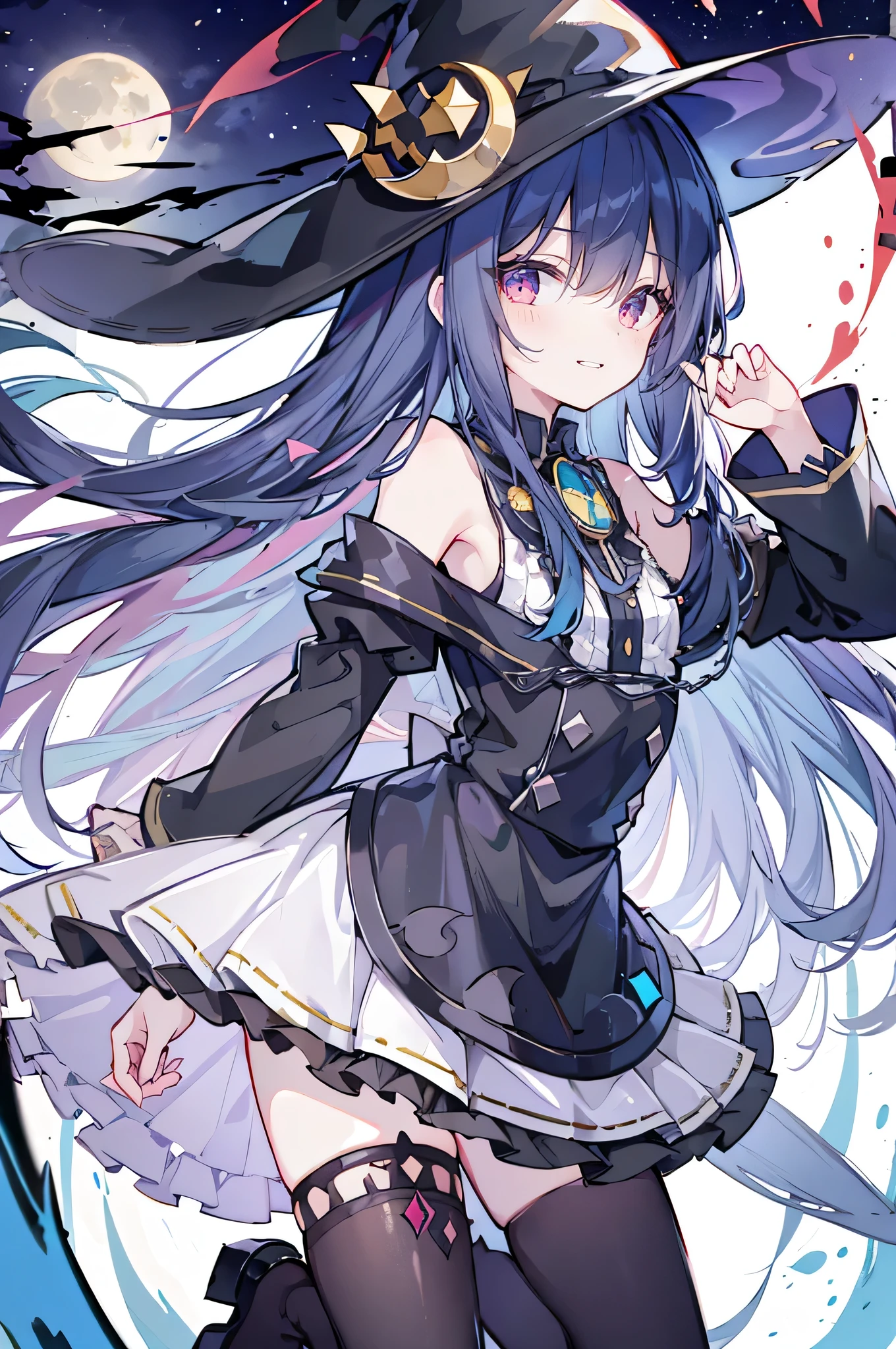 oung Girls,Humanity,A magician always smiles,big witch hat,cute,dark blue long hair,The eyes are dull,The bangs are heavy,Thin eyebrows,fantasy,intake,Double teeth,Star Theme,Constellation pattern,Solid color clothetal decoration,cloak,A bit of a dark atmosphere,A little crazy smile,When the big moon shines outside at night,blood,Hair black star embellishment,Short tie,No nails,High waist skirt,Bell sleeves,Long-sleeved shirt,Black tie,low risk,gentlemen。Mist、Yellow and white effect，Shocking pink as an accent color