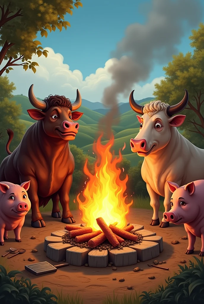 Barbecue flamme cheminée Amérique France Donald Trump cochon taureau vache couteau