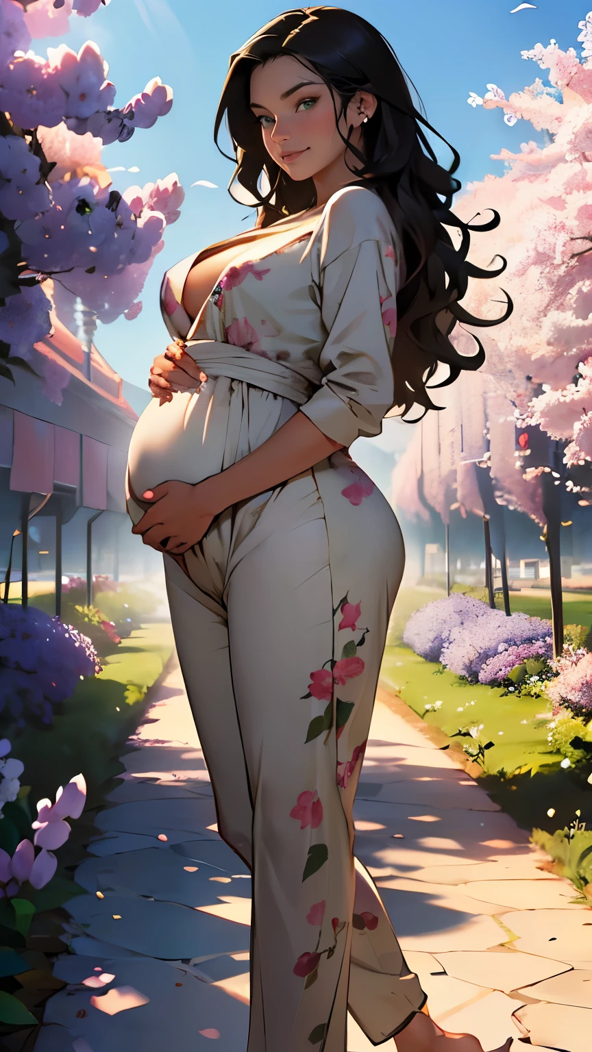 ((work of art, best qualityer, A high resolution, ultra detaild),(Beautiful and aesthetically pleasing:1.2), detailed eyes and face, all-body, 1womanl, grown-up, (long wavy black hair), ((greeneyes)), female body, Body cute, perfectbody, seducing smile, burning look, Maternity jumpsuit in soft colors with print, barefoot, A walk in the garden, flowers garden, natta, golden hour time, many colors, apple trees bloom, Lilacs are blooming, pregnany, small belly, big tits