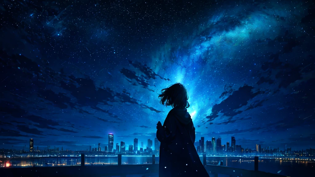 a girl, (glowing stars through the air:1.1), blurry background, bokeh, depth of field, starry skyline, far from city, alone, fearful, hopeless, magic, magical, fantastic, dark hue, haze