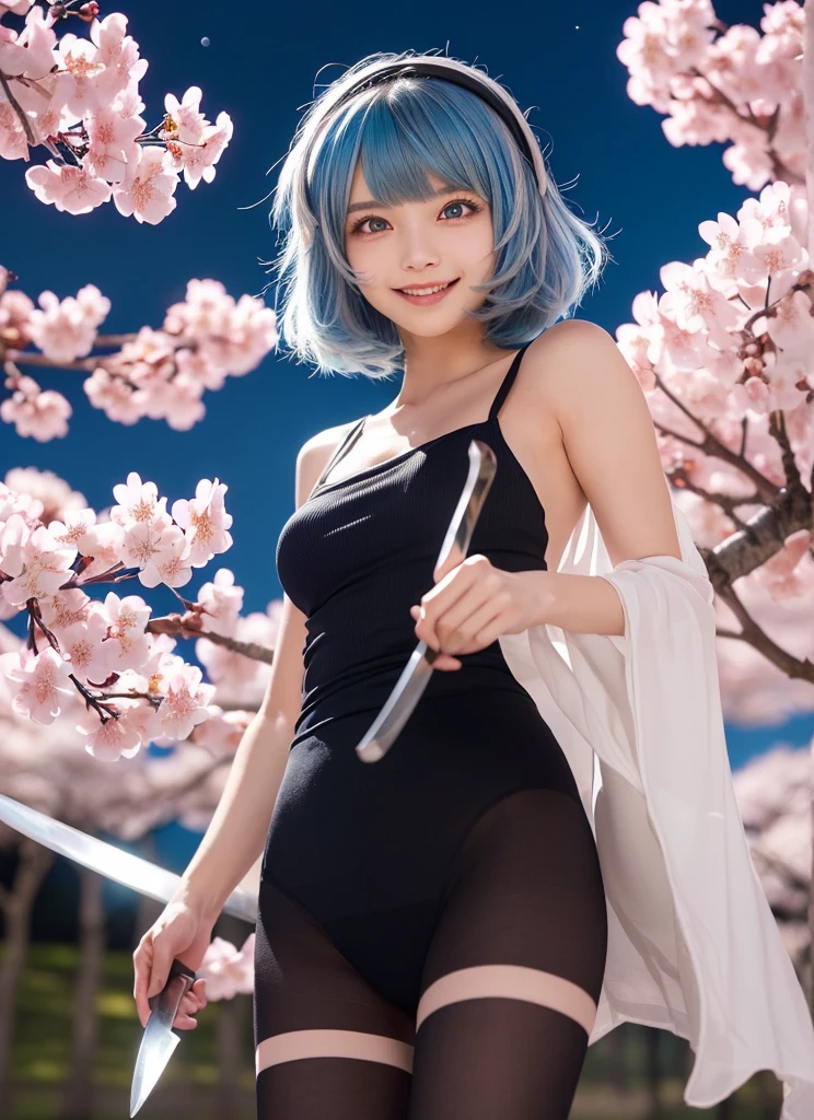 (((masterpiece))),(((Highest quality))),((Very detailed)),(shape),(Dynamic Angle), ((Touhou Project)),(A slim body),((Disheveled Hair)), (((Voluptuous Body))),(((He smiles lightly and unleashes his sword technique.))), ((Girl wearing black tights)), (((Detailed anima face))),((Beautifully detailed body)),((side、Shoulders are exposed)),(((Mysterious and sparkling blue eyes)))Gray Hair, ((Colorful Hair)),((Striped and long hair)), Beautiful attention to detail,(Gradient color eyes),(((Delicate eyes))), (((background))),(((High saturation))),(((Konpaku Youmu))),(((Standing in front of the cherry blossoms in the night view))),,((Holding a shining sword))