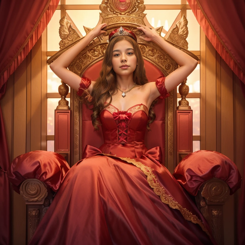 a gorgeous 10 year-old girl, red satin ball gown, sitting on a throne, crowning herself, extremely detailed, 4k, perfect face