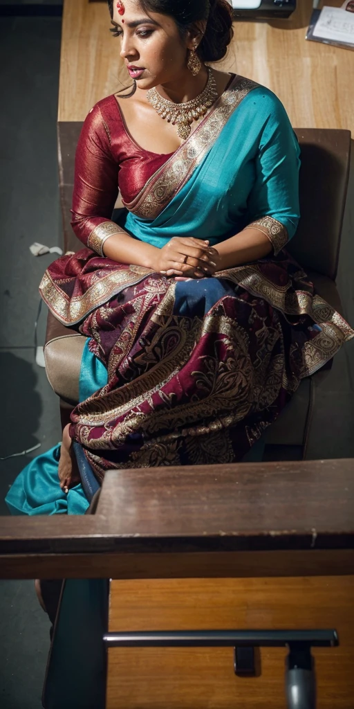 Day scene, full body photo of a plus sized 45 year old indian with a man from top view, (Masterpiece, Best Quality, High Resolution), office Background, (cum Splash on her breasts and nipples, cum Splash on her face, Splash of cum, cum Splash on her blouse, cum Splash on her eys), Sweet 25 year old South indian women sitting on her knees in a crowded party hall with a man, hour glass body red lips, silver colour silky gown, lightly makeup,ultra realistic, realistic, look at viewer (cinematic:1.3), intricate details,
