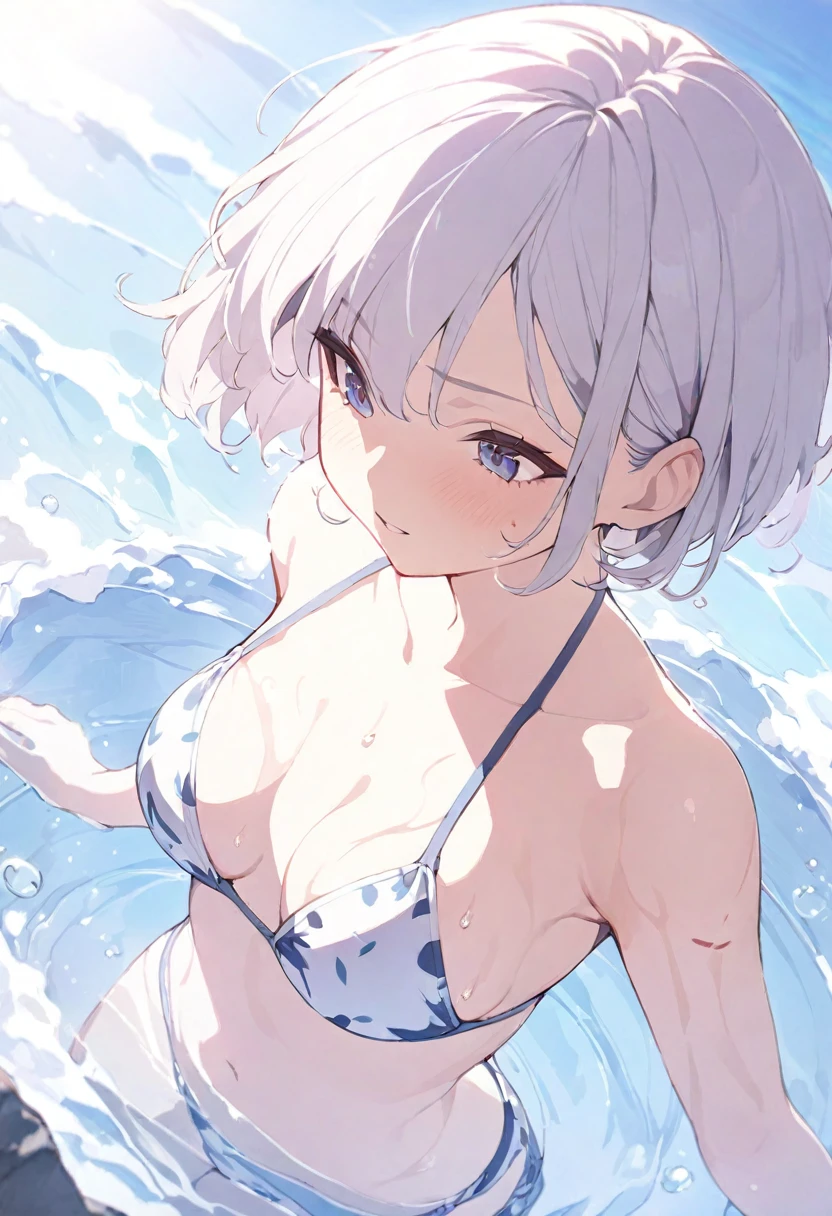 1girl、(((best quality)), ((masterpiece)), (details), masterpiece, best quality, high quality, ulutra detailed, perfect face, ((1girl, Blue eyes, cat ears: 1.ilver bob hair: 2.5,))、Shiny Hair、Glowing Skin、Lonely face、Lustful look、I can see your toned stomach、Sideboob、Underboob、beach、Swimming in the sea、Orange Bikini、Grab the hem of the other person's clothes and make them look up、evening、