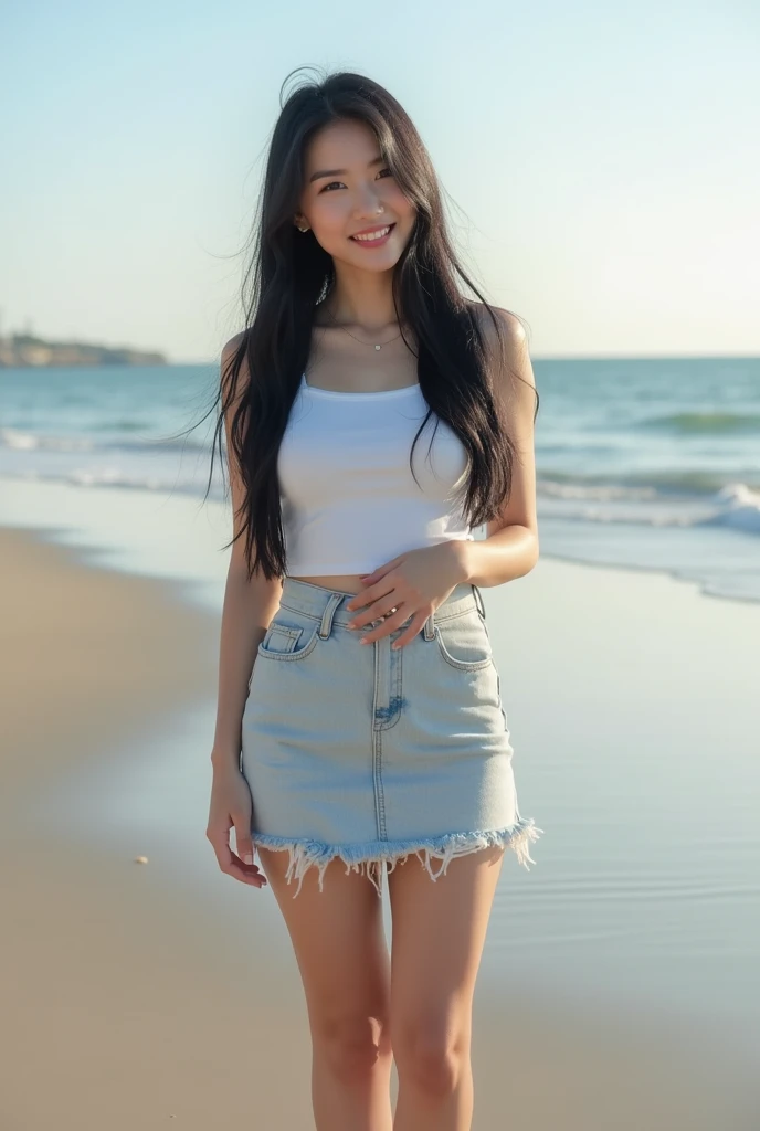 Standing on a deserted sea embankment、Long black hair、mini skirt、Cute Face、Smiling、Full body portrait